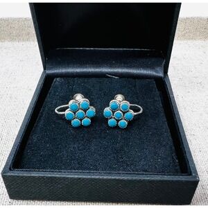 Vintage Sterling Silver Turquoise Flower Cluster Screw Back Earrings